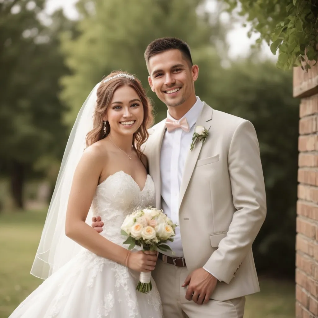 Prompt: a bride and a groom, wearing wedding clothes, smilimg, professional photography, natural lighting, outdoors, high quality, detailed, realistic, portrait