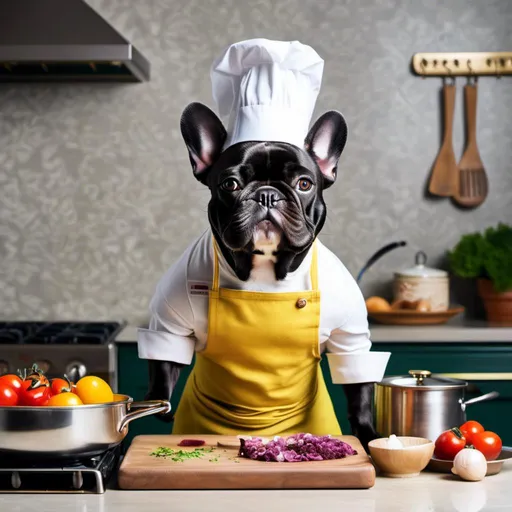Prompt: <mymodel>French Bulldog cooking as a chef 