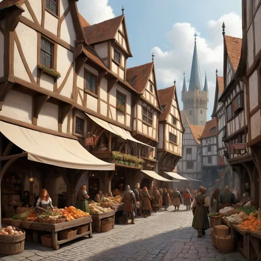 Prompt: Medieval city street, bustling market place, detailed architecture, fantasy art