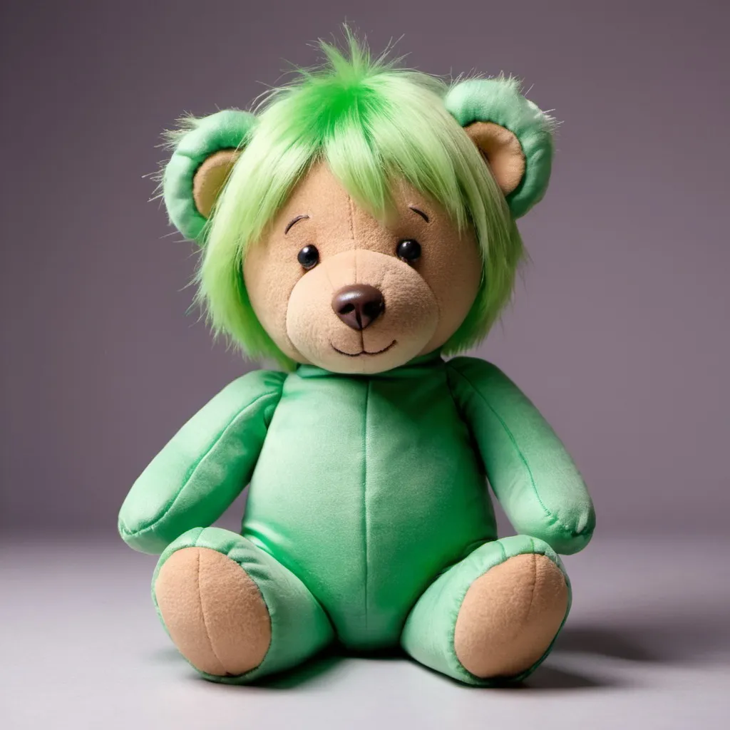 Prompt: a teddy bear with green hair