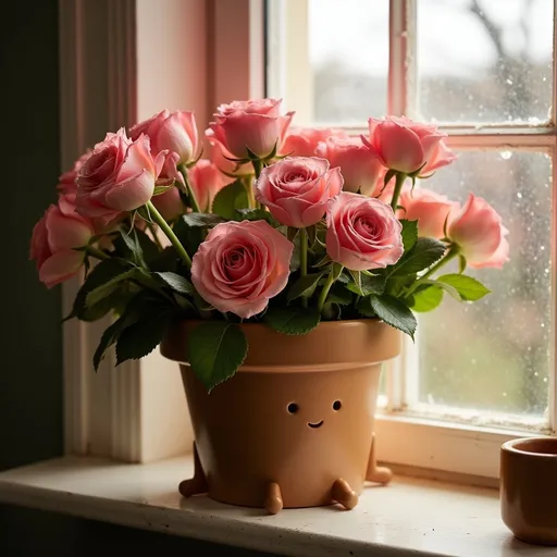 Prompt: a flower pot of roses on the windowsill, bright indoor light