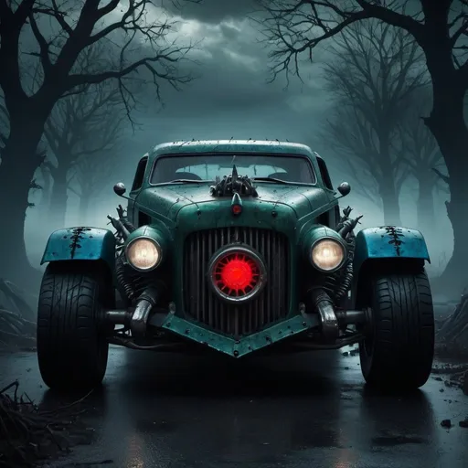 Prompt: A high-resolution, eerie scene of a Frankenstein-inspired monster car, with intricate metal textures and bolts and stitches. The car is a dark green and electric blue, with a gothic and sinister design. It stands ominously in a stormy weather, surrounded by intense shadows and a macabre atmosphere. The monster car seems to be alive, with a menacing expression and glowing red eyes. The background reveals a dark, foggy landscape with twisted trees, adding to the overall horror and intensity of the scene.

