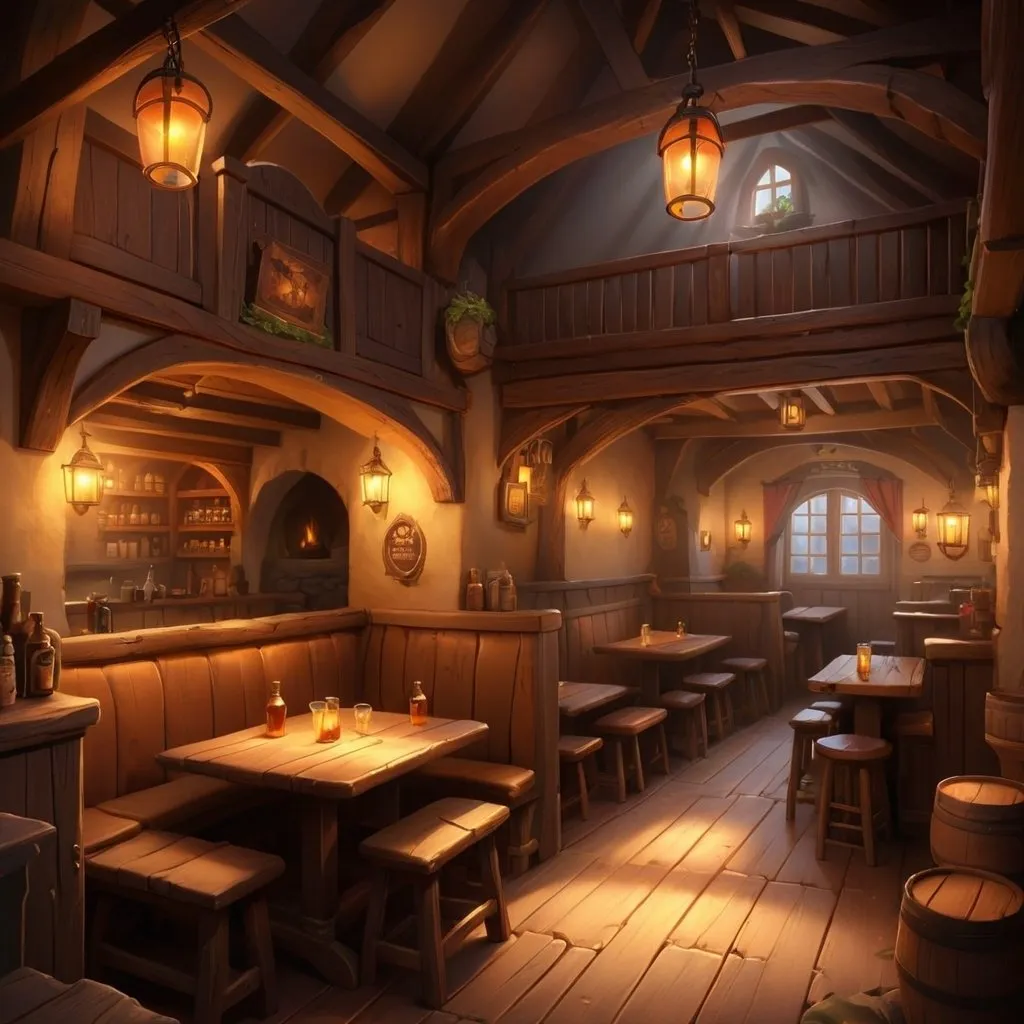 Prompt: Warm and cozy tavern interior, fantasy art, warm lighting, inviting atmosphere,  high quality, cozy