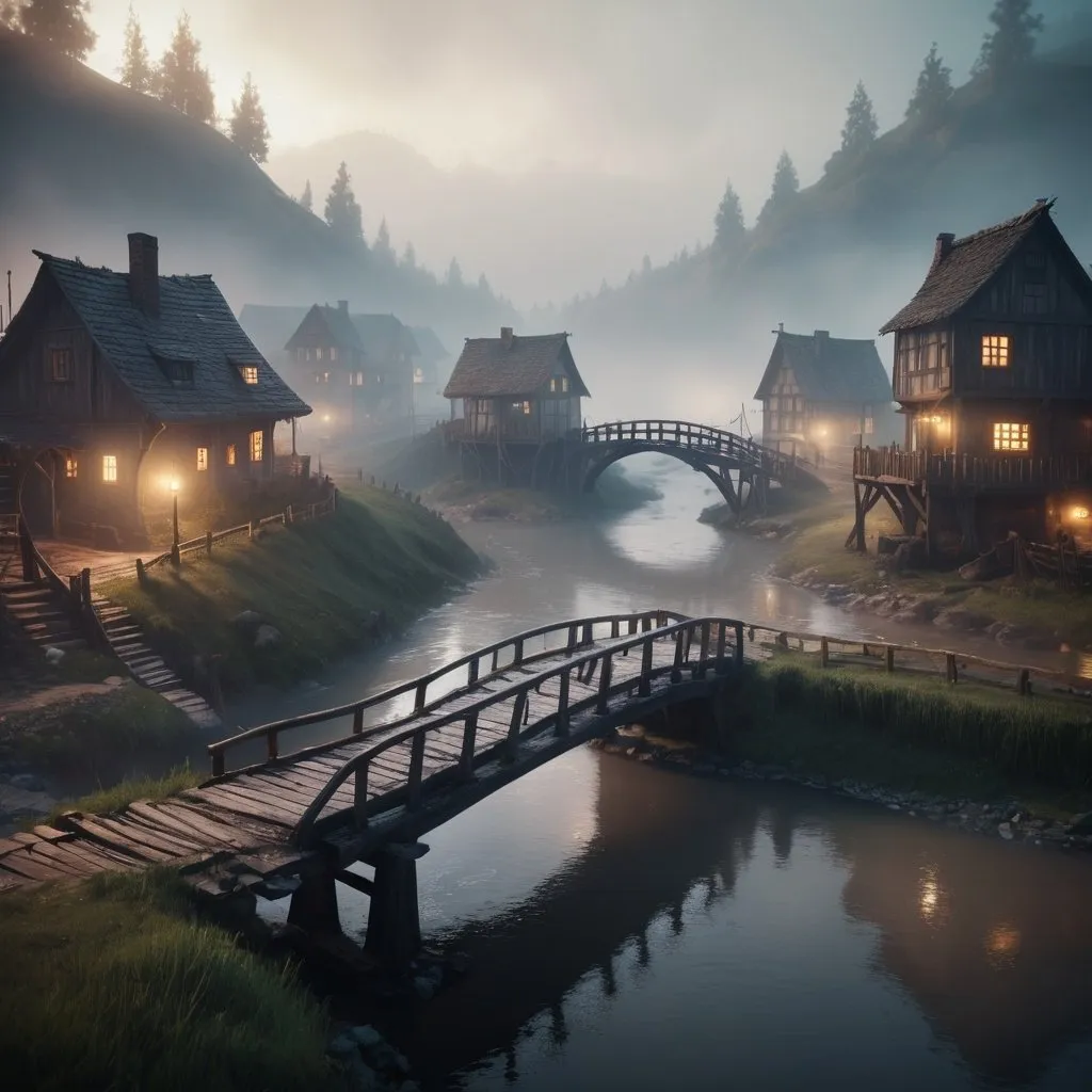 Prompt: small settlement, foggy, bridge and river, dramatic fantasy settlement scene, cinematic lighting