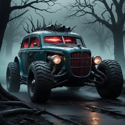 Prompt: A high-resolution, eerie scene of a Frankenstein-inspired monster car, with intricate metal textures and bolts and stitches. The car is a dark green and electric blue, with a gothic and sinister design. It stands ominously in a stormy weather, surrounded by intense shadows and a macabre atmosphere. The monster car seems to be alive, with a menacing expression and glowing red eyes. The background reveals a dark, foggy landscape with twisted trees, adding to the overall horror and intensity of the scene.

