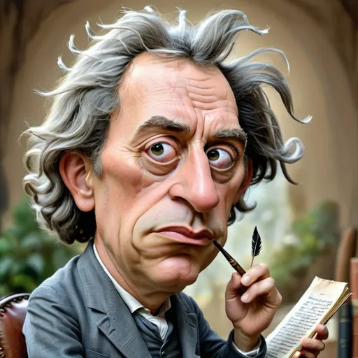 Prompt: A caricature of a classic poet with a quill and ink, lost in thought.

