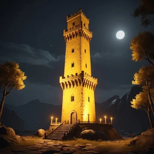 Prompt: an ancient yellow tower with warm lights in the dark, high quality, unreal engine
