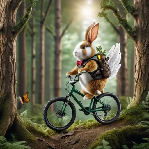 Prompt: flying dwarf bunny rabbit with wings white nose riding a mountain bike through the forest as a fantasy art
