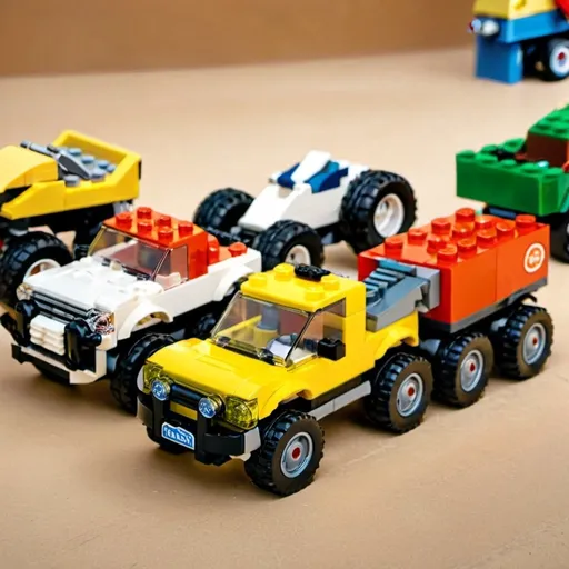 Prompt: Different types of Lego vehicles in action.