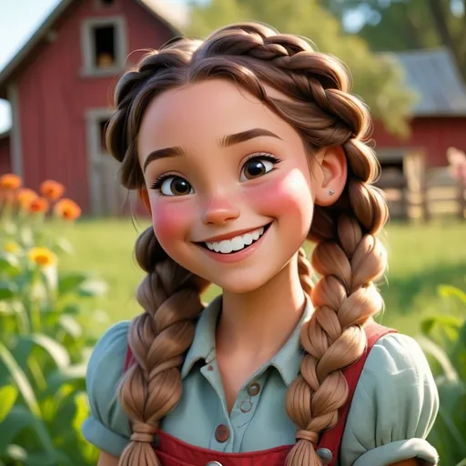 Prompt: Disney style farm girl with braids and a happy smile