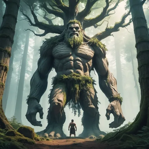 Prompt: Giant standing in a mystical forest, towering ancient trees