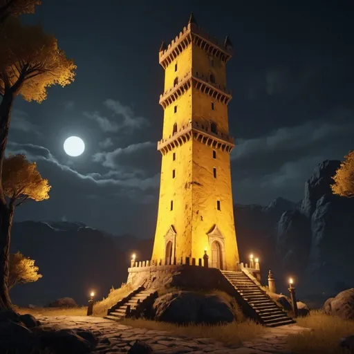 Prompt: an ancient yellow tower with warm lights in the dark, high quality, unreal engine
