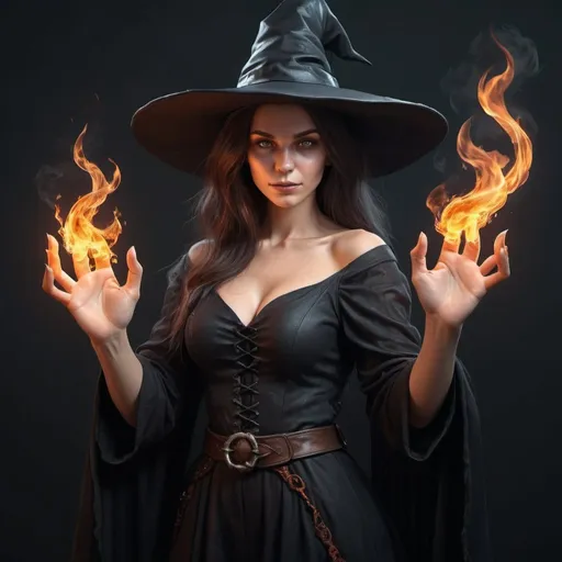 Prompt: hyper-realistic witch character with fire hands, fantasy character art, illustration