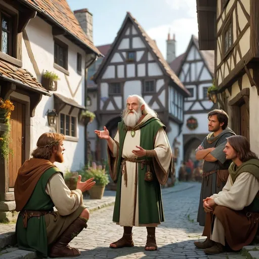 Prompt: A druid in a medieval town talking to others