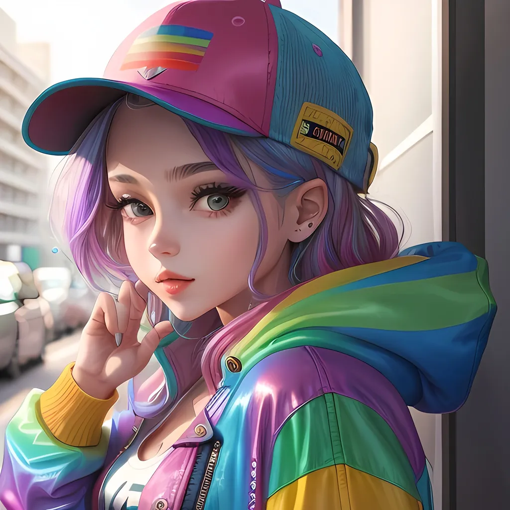 Prompt: a beautiful girl wearing a rainbow jacket with a cap 