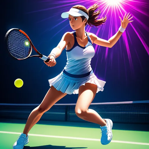 Prompt: Detailed anime illustration of a girl playing tennis, dynamic action pose, vibrant tennis court, realistic tennis racket and ball, focused expression, anime style, highres, vibrant colors, dynamic lighting, professional, sporty