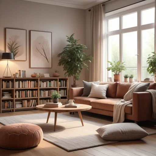 Prompt: cozy living room, (inviting atmosphere), warm color tones, natural light streaming through large windows, plush sofa and soft cushions, elegant coffee table, tasteful decor and plants, bookshelves filled with books, soft rugs on hardwood floor, minimalist design, high-quality detail, relaxing ambiance, perfect for unwinding, (4K resolution)