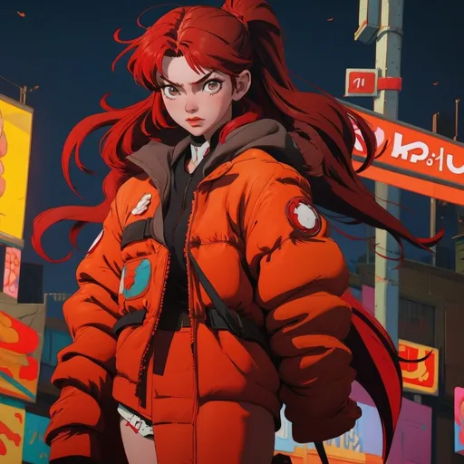 Prompt: a girl with red hair on the busy street, anime, high quality