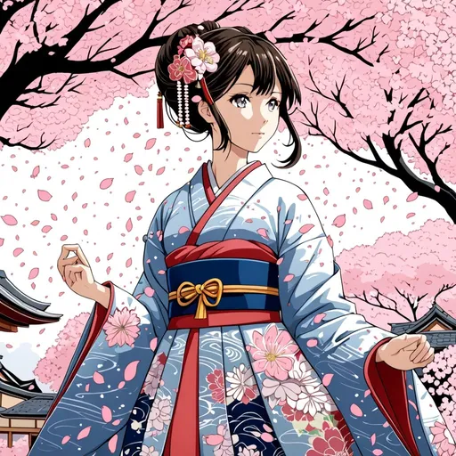 Prompt: Detailed anime illustration of a historical princess, traditional Japanese clothes, elegant kimono with intricate patterns, cherry blossom petals falling in the background