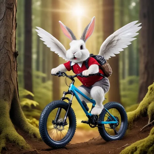 Prompt: flying dwarf bunny rabbit with wings white nose riding a mountain bike through the forest as a fantasy art
