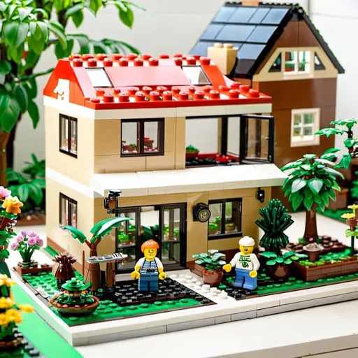 Prompt: A Lego house with a garden and minifigures.