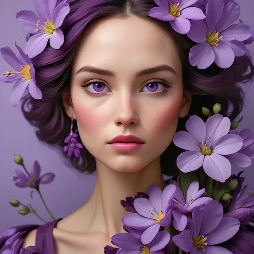 Prompt: a women wearing purple flowers, award-winning photography, aesthetic and beauty, skillful details