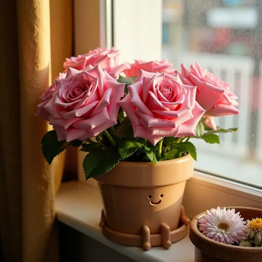 Prompt: a flower pot of roses on the windowsill, bright indoor light