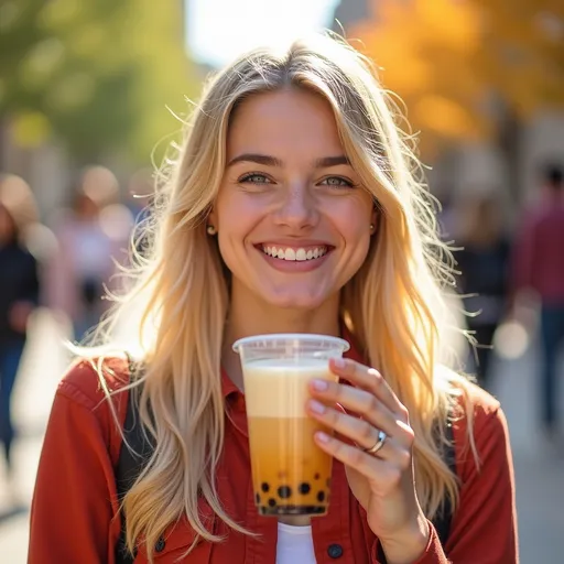 Prompt: a happy college blonde woman, sipping Taro milk tea with boba, vibrant campus background, youthful attire, warm and bright color tones