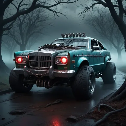 Prompt: A high-resolution, eerie scene of a Frankenstein-inspired monster car, with intricate metal textures and bolts and stitches. The car is a dark green and electric blue, with a gothic and sinister design. It stands ominously in a stormy weather, surrounded by intense shadows and a macabre atmosphere. The monster car seems to be alive, with a menacing expression and glowing red eyes. The background reveals a dark, foggy landscape with twisted trees, adding to the overall horror and intensity of the scene.

