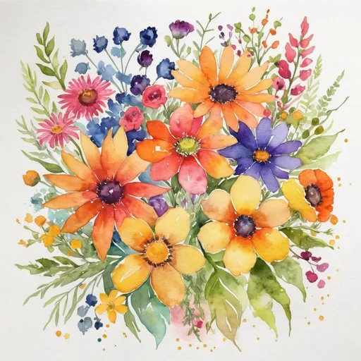 Prompt: Watercolor painting, a vibrant floral watercolor with a variety of summer flowers.