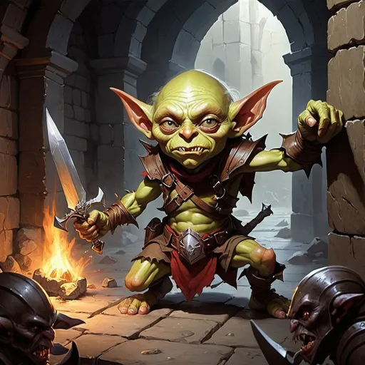 Prompt: dungeons and dragons fantasy art fightting goblin in dungeon