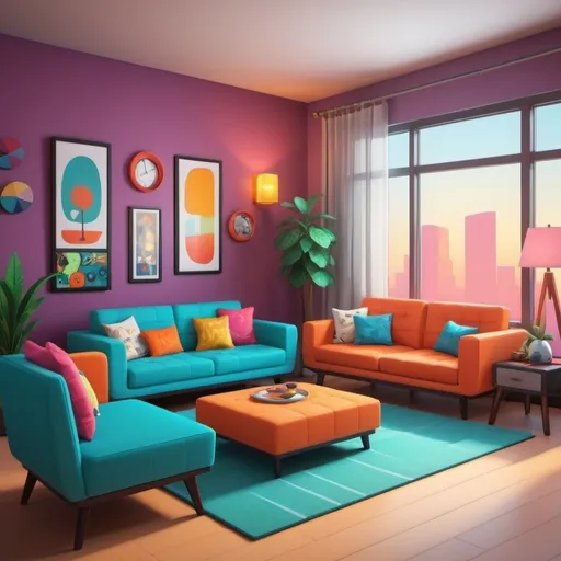 Prompt: (cartoon-style modern living room), vibrant colors, sleek furniture, inviting atmosphere, cozy ambient lighting, expertly detailed textures, comfortable seating area, playful accents, unique decor items, digital rendering, clean lines, 3D perspective, ideal for game asset design, engaging composition, perfect for game development projects, high quality, ultra-detailed.
