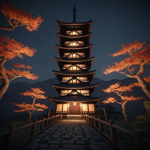 Prompt: an ancient Japanese tower with warm lights in the dark, high quality, unreal engine
