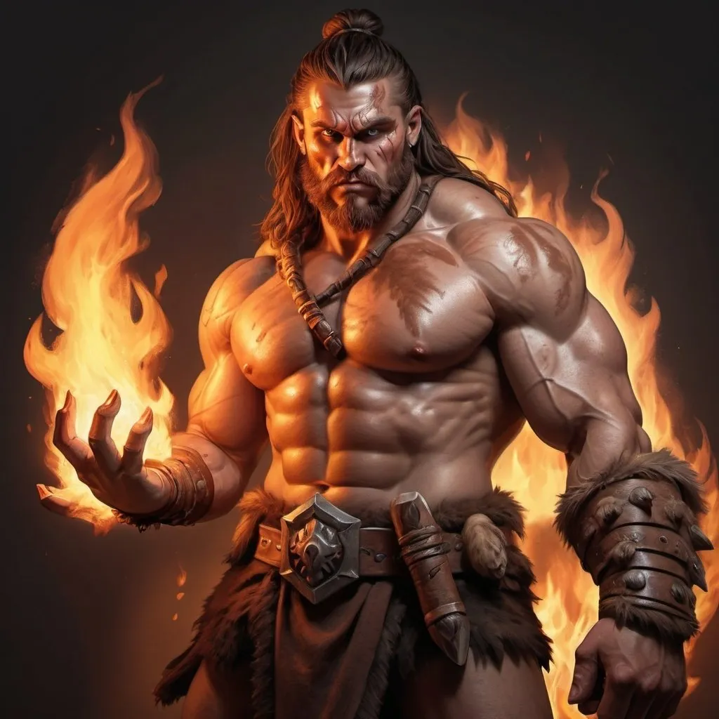Prompt: hyper-realistic barbarian character with fire hands, fantasy character art, illustration, dnd, warm tone