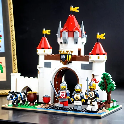 Prompt: A Lego castle with knights and a drawbridge.