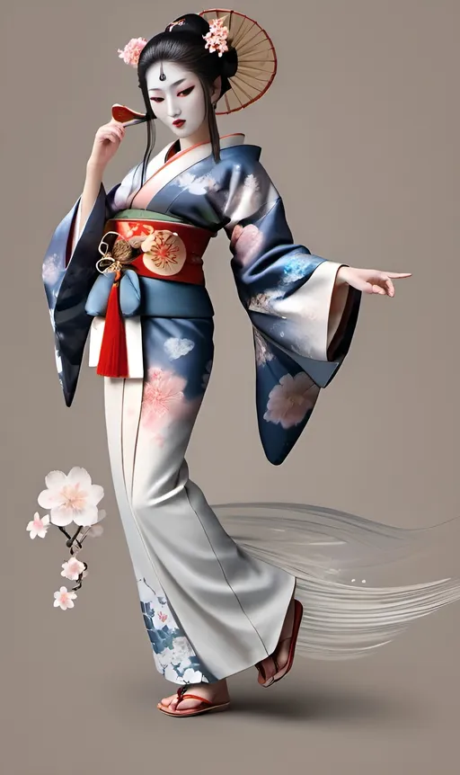 Prompt: Japanese Geisha, traditional kimono, intricate hair ornaments, delicate fan, serene expression, high quality, traditional art style, subtle hues, soft lighting
