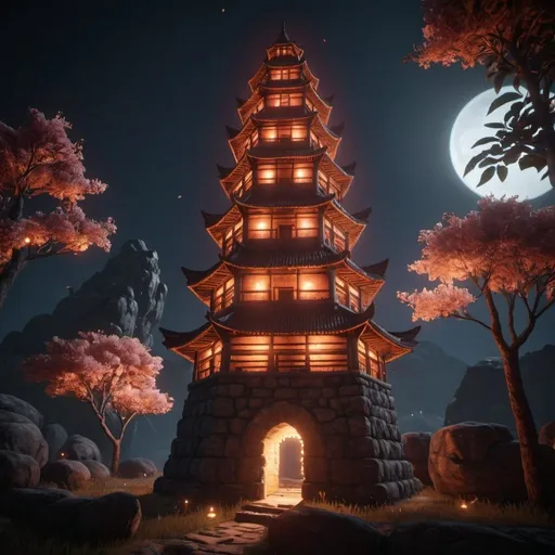 Prompt: an ancient peach tower with warm lights in the dark, high quality, unreal engine
