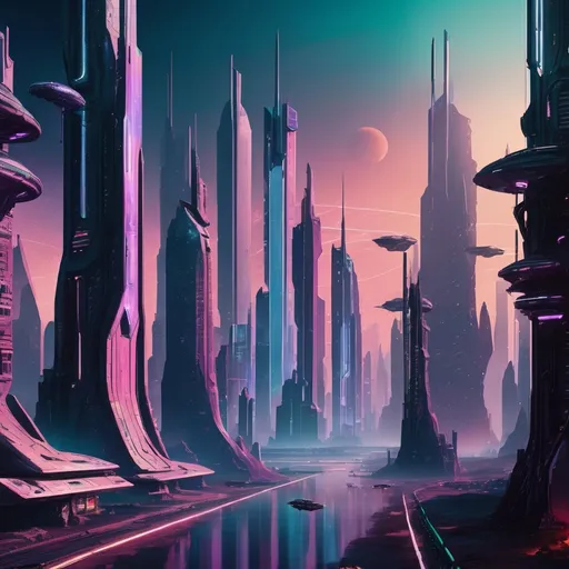 Prompt: A futuristic city on a distant planet with towering structures and neon lights