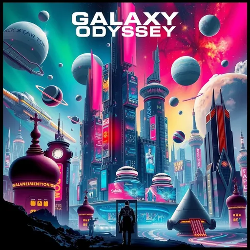 Prompt: a stunning sci-fi movie poster titled "Galaxy Odyssey", vibrant and dynamic, featuring a futuristic cityscape with towering skyscrapers, glowing neon lights