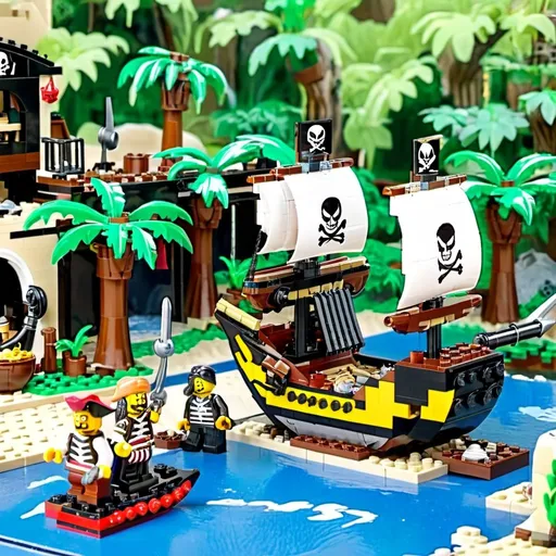 Prompt: A Lego pirate ship with pirates and treasure.