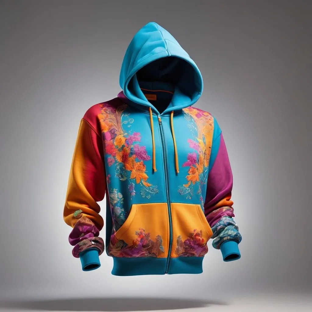 Prompt: professional product photo of a colorful hoodie, floating suspended midair, intricate fabric details, fashion product catalog image, behance hd, studio lighting, front view, square image
