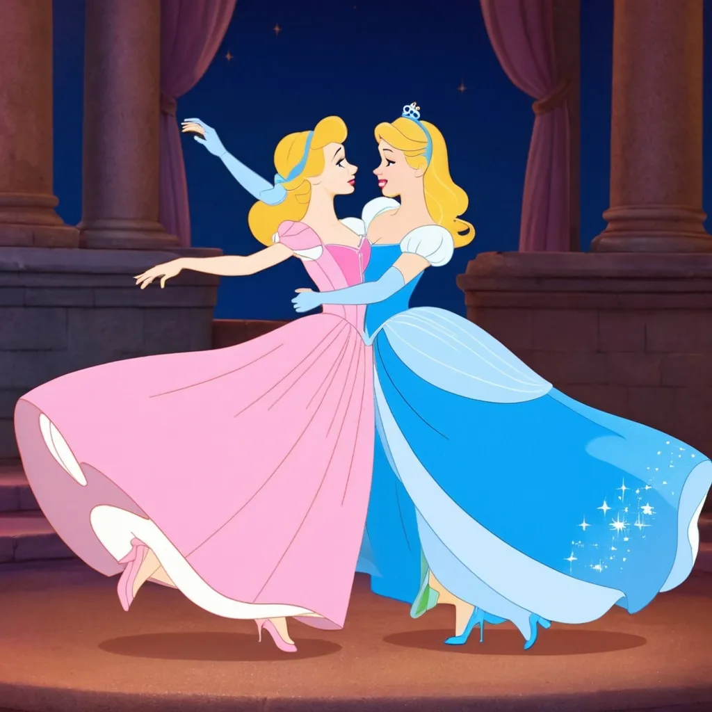 Prompt: sleeping beauty and cinderella dance together