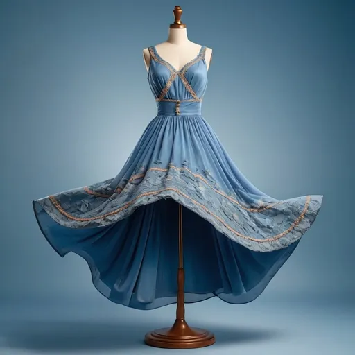 Prompt: professional product photo of a blue vintage dress, floating suspended midair, intricate fabric details, fashion product catalog image, behance hd, studio lighting, front view, square image
