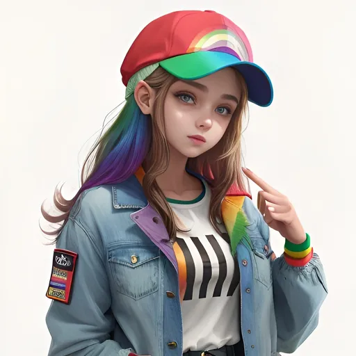 Prompt: a beautiful girl wearing a rainbow jacket with a cap 