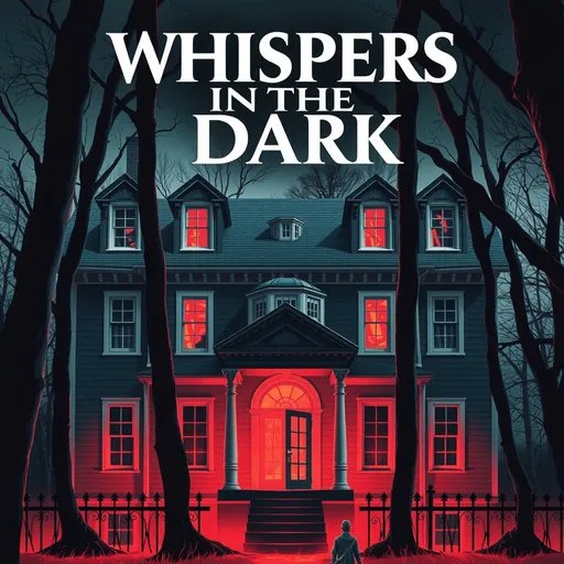 Prompt: a horror movie poster titled "Whispers in the Dark", with a haunted house in the woods at night, with a sinister red glow emanating from the windows