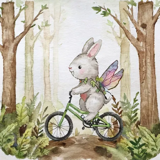 Prompt: flying dwarf bunny rabbit with wings white nose riding a mountain bike through the forest as a fantasy art