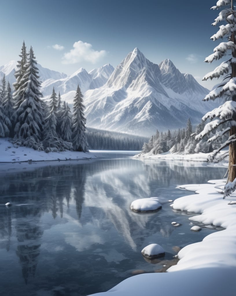 Prompt: high resolution, highly detailed, photorealistic winter landscape, snow-covered pine trees, frozen lake, snow-capped mountains, serene atmosphere, realistic lighting, cool blue and white tones, best quality