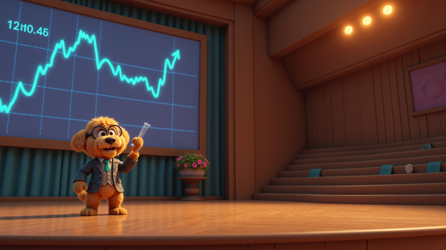 Prompt:  @LgrI1XZwUszmyhBR6UNB is giving a speech on the stage wearing very formal suite, Right Hand On Hip, on the background with the big screen showing a chart of stock going up, Right Hand On Hip