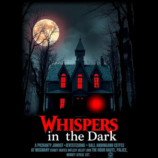 Prompt: a horror movie poster titled "Whispers in the Dark", with a haunted house in the woods at night, with a sinister red glow emanating from the windows