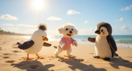 Prompt: On a sun-drenched beach with golden sands shimmering under a clear blue sky, a spirited jellycat seagull, a white energetic dog, a jellycat penguin, play an animated game of volleyball. The scene is filled with the warm glow of the afternoon sun, casting playful shadows as the waves gently lap at the shore. 